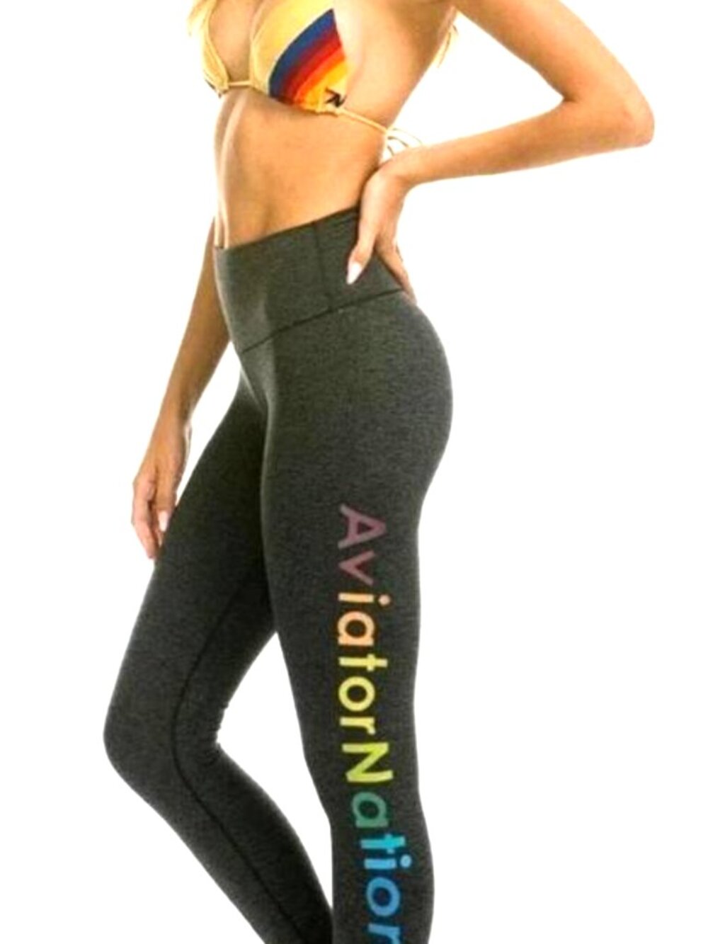 NWOT AVIATION NATION BLACK RAINBOW SIDE SPELLOUT LOGO LEGGINGS SIZE: M